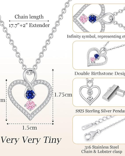 LOUISA SECRET Infinity Double Birthstone Necklace, 925 Sterling Silver Tiny Pendant Heart Necklace for Women Wife Her, Best Jewelry Gift Heart Jewelry Meaningful Gift for Valentine's Day, Christmas, Birthday Anniversary