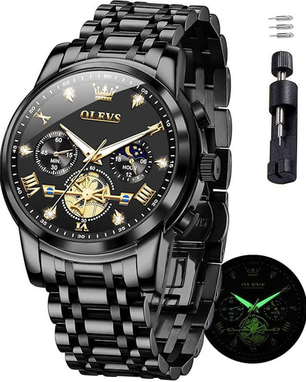 OLEVS Mens Watches Chronograph Watch Luxury Dress Stainless Steel Waterproof Watches for Men Moon Phase Luminous Business Calendar Wrist Watch Blue/Black/Green/Gold/Face