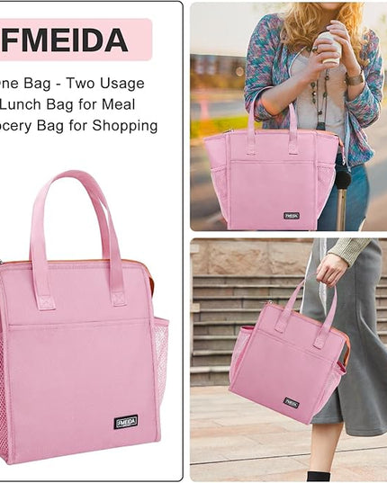 Fmeida Insulated Lunch Bag Women - 12L Leakproof Womens Lunch Tote w Zipper Reusable Lunch Bags Thermal Cooler Tote Multipocket for Work Hiking Beach Picnic | Pink