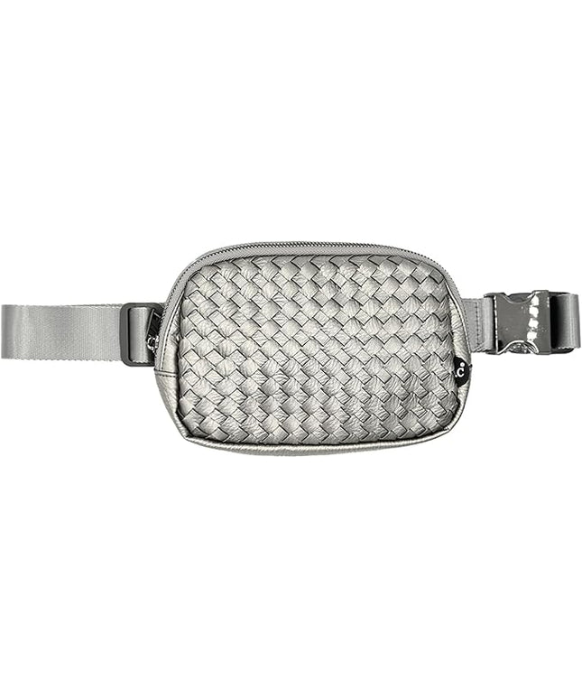 C.C Woven Vegan Leather Fanny Pack – Waist Bag with Adjustable Strap, Crossbody Belt Bag (Vegan Leather Woven - Grey)