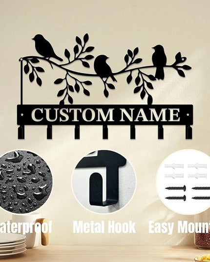 Personalized Custom Name Birds of Trees Wall Key Hooks,Metal Birds of Trees Art Clothes Hooks,Metal Birds of Trees Wall Home Storage Decorative,For Front Door, Hallway, Kitchen, Bedroom(Style H)