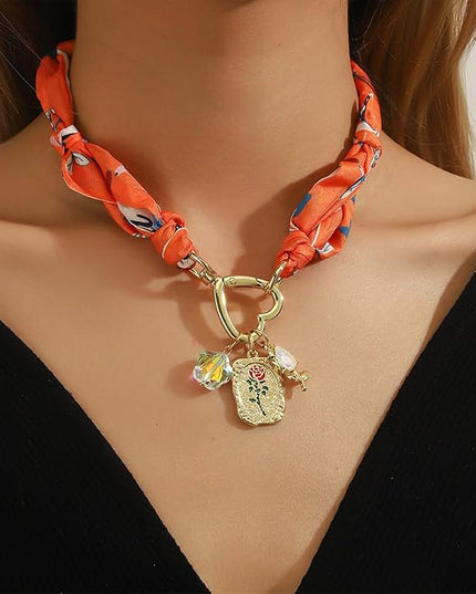 HETICA Scarf Necklace for Women Silk Western Charm Necklaces Fashion Accessory Jewelry Gift