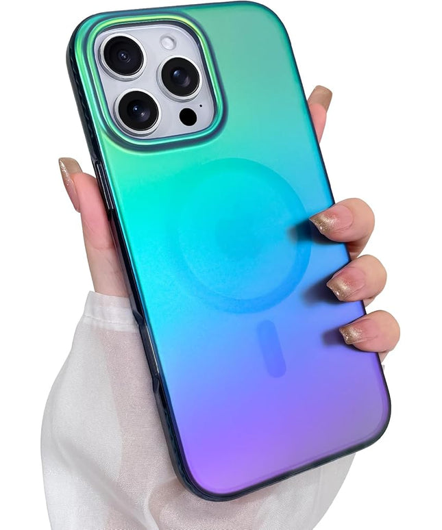 Aesthetic Case for iPhone 16 Pro Max Case for Women Girls [Compatible with Magsafe] Cute Girly Trendy Glitter Sparkly Rainbow Magnetic Protective Phone Cover, Matte Iridescent Blue & Green