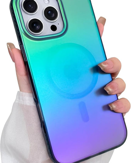 Aesthetic Case for iPhone 16 Pro Case for Women Girls [Compatible with Magsafe] Cute Girly Trendy Glitter Sparkly Rainbow Magnetic Protective Phone Cover, Matte Iridescent Blue & Green