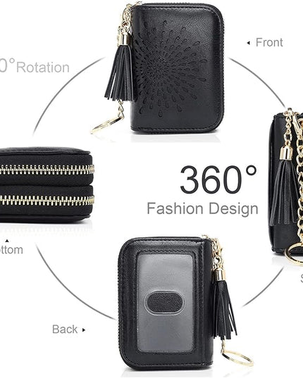 APHISON RFID Credit Card Holder Zipper Card Case Keychain Small Wallet for Women 1942-2 BLACK