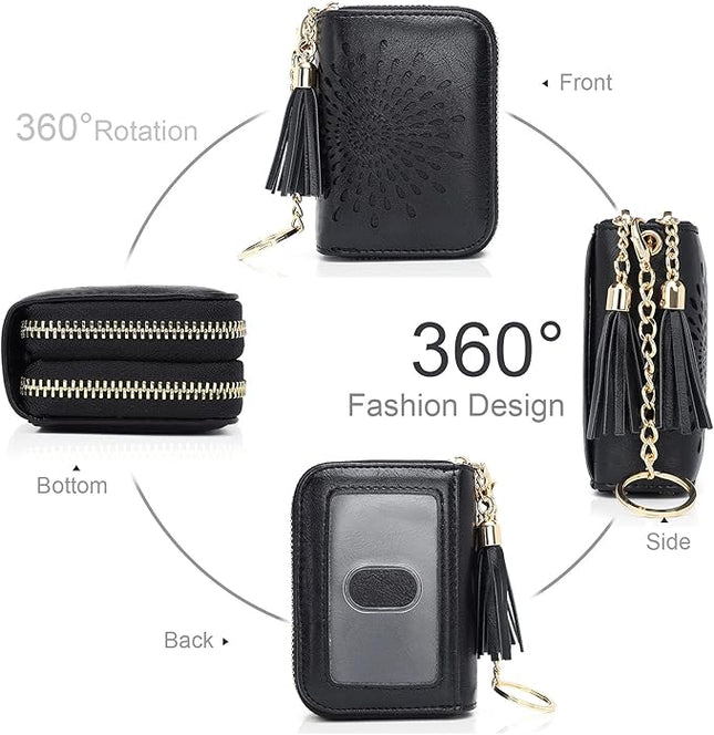 APHISON RFID Credit Card Holder Zipper Card Case Keychain Small Wallet for Women 1942-2 BLACK