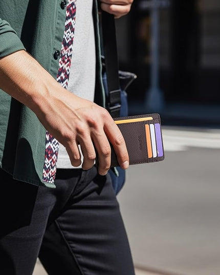 Buffway Slim Minimalist Front Pocket RFID Blocking Leather Wallets for Men and Women - Galaxy Coffee