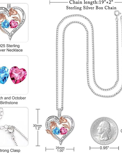 Iefil Christmas Gifts for Women Wife - 925 Sterling Silver Rose Heart Birthstone Necklace Birthday Anniversary Jewelry Gifts for Her Wife Mom Daughter