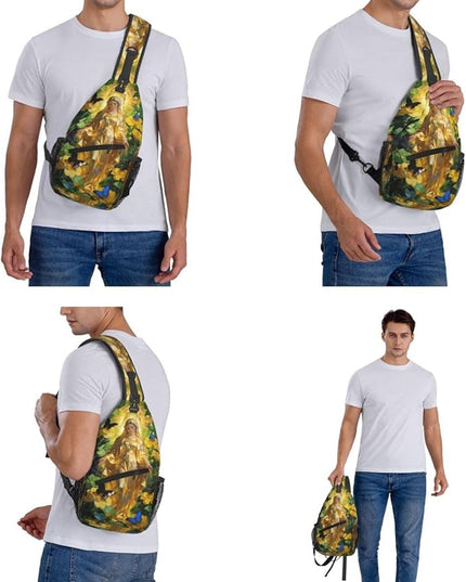 Our Lady of Guadalupe Sling Bag Crossbody Bags Clovers Chest Bag for Travel Hiking for Men Women Golden Mary 9