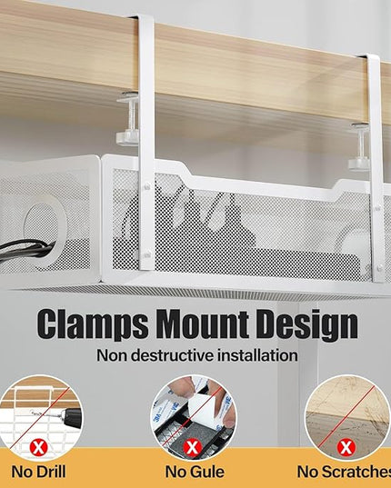4 Pack Under Desk Cable Management Box White, Cinati 53.6" Wire Organizers No Drill, Cord Organization Tray with Clamp for Office, Home - No Damage to Desk
