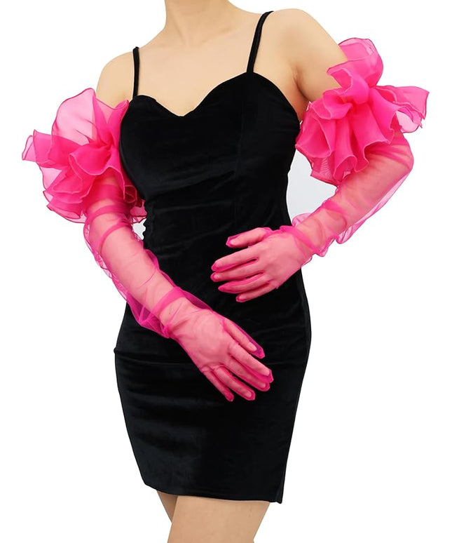 Super Puff Sheer Long Gloves Oversize Tulle Mesh Gloves for Cocktail Opera Party Glove Long Sleeve