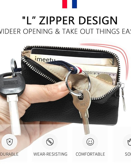 Plinvo Mini Genuine Leather Wallet Coin Purse with Dual Keyrings Compact Change Pouch and Card Holder for Men and Women (Black)