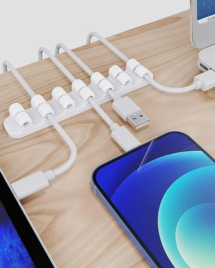 SOULWIT Upgraded Cable Holder, Cable Management Cord Organizer Clips Silicone Self Adhesive for Desktop USB Charging Cable Power Cord Bedside Wire PC Office Home (3/5/7 slot,White)