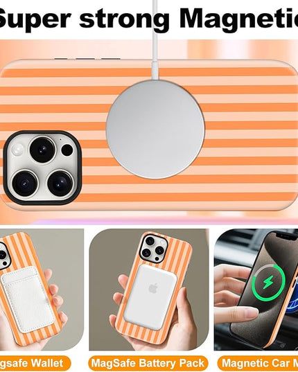 Magnetic for iPhone 15 Pro Max Case Cute Stripes Phone Case, Shockproof Slim TPU and Hard PC Protective Phone Cover Compatible with MagSafe Designed for Women Girls, Orange