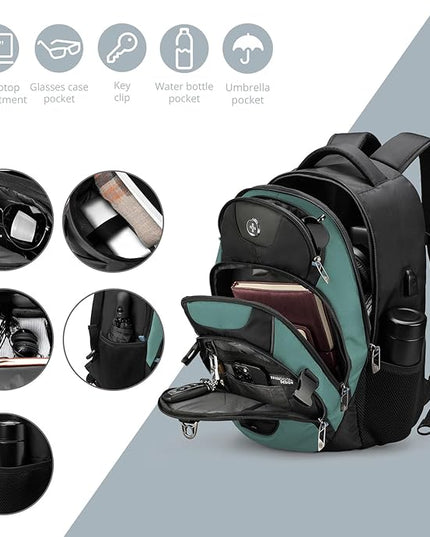 Swissdigital Design Laptop Backpack with USB Charging Port, Travel Backpack Fits 15.6 inches Computer, 31L College School Backpack for Men, Lake Green/Black | SD803-27