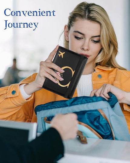 Slohif Initial Passport Holder Cover Wallet Case for Travel Women - Leather Letter Passport Book Family Multiple Personalized Organizer Card Slots Protector Sleeve Essentials Slim Carrier Black C