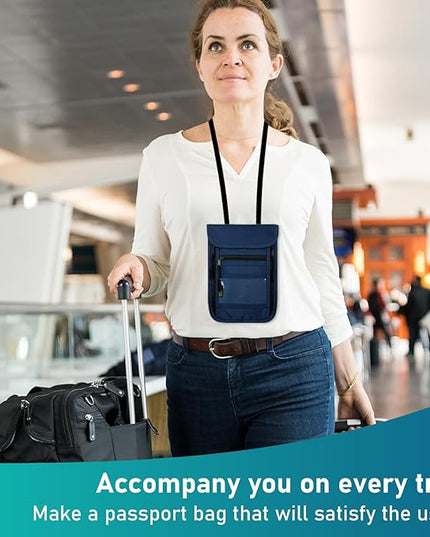 sundee Travel Neck Wallet with Double Zippers, RFID Blocking Passport Holder with Adjustable Neck Strap for Men and Women to Keep Cash, Credit Cards and Travel Documents Safe - Navy Blue