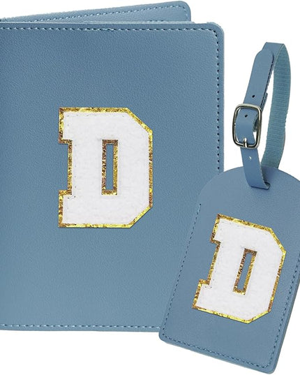 Initial Passport Cover Holder and Luggage tag Set,PU Leather Passport Case Travel Suitcase Tag with Letter Patch, Personalized Travel Luggage Accessories Gifts for Women Grils Teenage Haze Blue D