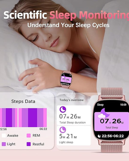 Smart Watch for Women, Answer/Make Call,1.85'' Ultra-Clear Screen Fitness Tracker with Heart Rate/Sleep/SpO2 Monitor,Smartwatch for iPhone/Samsung/Android,120+ Sport Modes,IP68 Waterproof with 2 Bands