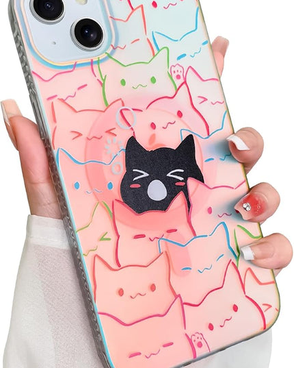 Cute Case for iPhone 13 & 14 Case for Women Girls Boys [ Compatible with Magsafe ] Iridescent and Black Cats Cat Pattern Design, Kawaii Colorful Animal Soft Bumper Protective Phone Cover
