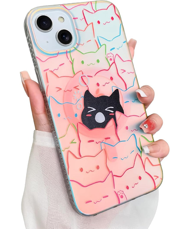Cute Case for iPhone 15 Case for Women Girls Boys [ Compatible with Magsafe ] Iridescent and Black Cats Cat Pattern Design, Kawaii Colorful Animal Soft Bumper Protective Phone Cover