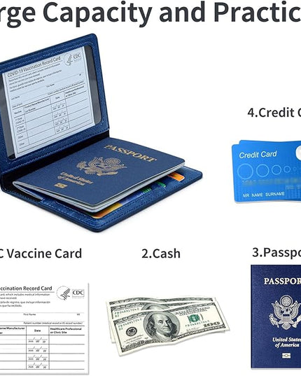 Passport Holder Cover Wallet Case RFID Blocking Leather Card Slot Travel Accessories Documents Organizer Protector for Women Men, Navy Blue