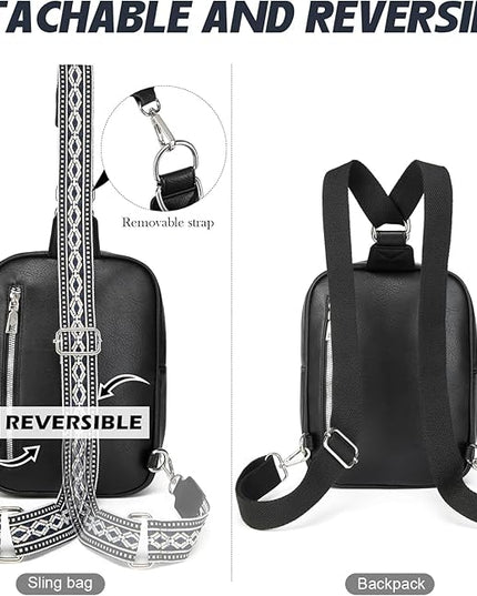 Sling Bag Crossbody Backpack - 2 in 1 Leather Cross Body Bag Fanny Pack with 2 Removable Straps