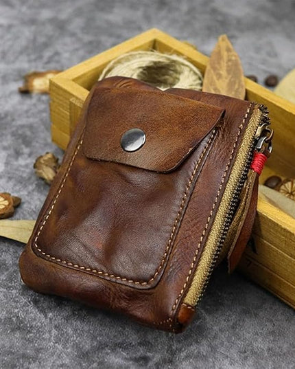 ZYLOXAR Genuine Leather Coin Pouch with Zipper Snap Closure Crazy Horse Wallet for Women (Brown)