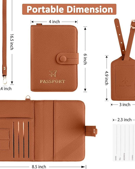 Passport Holder RFID Protected Wallet and Luggage Tag with Protection Cover Travel Accessories Leather Card Case Organizer for Women Men (Brown)