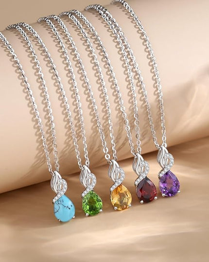 FANCIME 14K Solid White Gold Teardrop Pendant with Diamond Birthstone Necklace