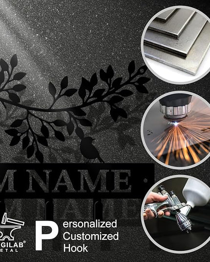 Personalized Custom Name Birds of Trees Wall Key Hooks,Metal Birds of Trees Art Clothes Hooks,Metal Birds of Trees Wall Home Storage Decorative,For Front Door, Hallway, Kitchen, Bedroom(Style A)