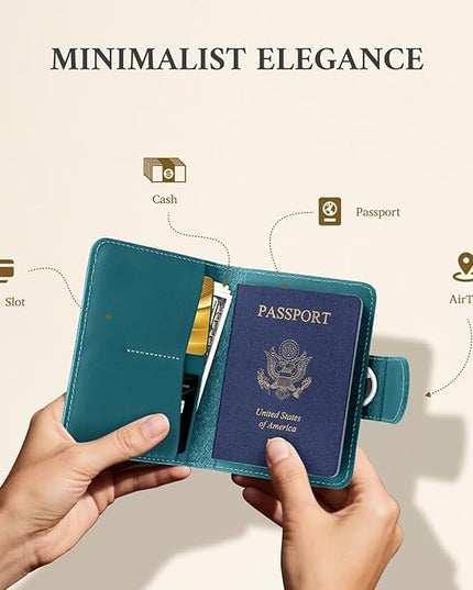 ALLIVE Rfid Passport Holder for Travel Women & Men, Passport Cover Wallet with AirTag Hidden, Genuine Leather Passport Holder Essential for Business Travel, Airport Security (Lake Blue)