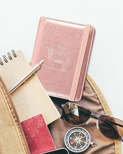 ACdream Passport Holder Cover, Leather Travel Wallet Case, RFID Blocking Document Organizer Protecrtor, with Slots for Credit Cards, Boarding Pass, for Women and Men, Rose Gold