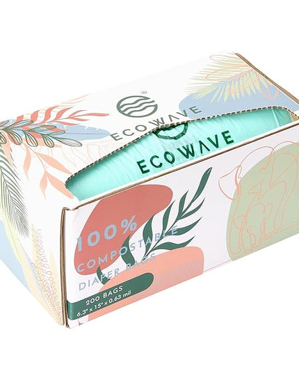 ECO WAVE Compostable Diaper Bags, 200 bags, ASTM D6400, EN 13432, US BPI and Europe OK Compost Home Certified Disposable Biodegradable Baby Poop Bags