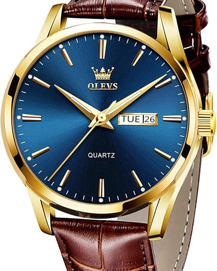 OLEVS Watches for Men Brown Leather Gold Case Analog Quartz Fashion Business Dress Watch Day Date Luminous Waterproof Casual Male Wrist Watches