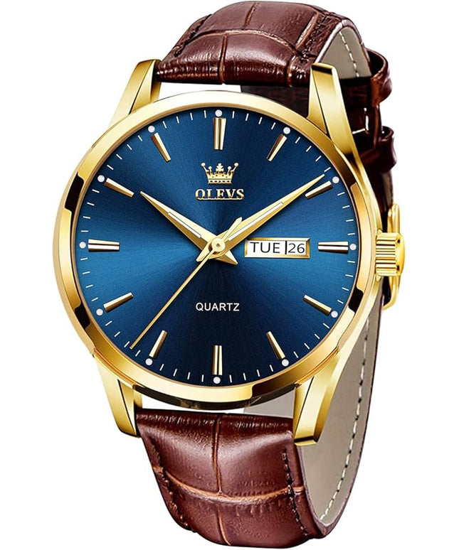 OLEVS Watches for Men Brown Leather Gold Case Analog Quartz Fashion Business Dress Watch Day Date Luminous Waterproof Casual Male Wrist Watches