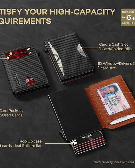 RUNBOX Slim Card Wallet for Men with ID Window – Minimalist RFID Wallet, Pop-Up Function, Ultra Thin Design, Metal Business Card Case Holds 8+ Cards, Gifts for Men, Men's Accessories
