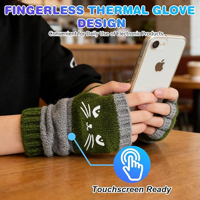Women's Knitted Fingerless Gloves with Cute Cat Embroidery, Warm Fashion Leaky Finger Casual Cat Splicing Knitted Gloves