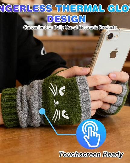 Women's Knitted Fingerless Gloves with Cute Cat Embroidery, Warm Fashion Leaky Finger Casual Cat Splicing Knitted Gloves