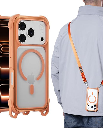 MAGEASY Compatible with iPhone 17 Pro 6.3" Case with Strap - 20ft Ultimate Drop Protection Compatible with MagSafe, Aluminum Frame | Odyssey Strap M (Coral)