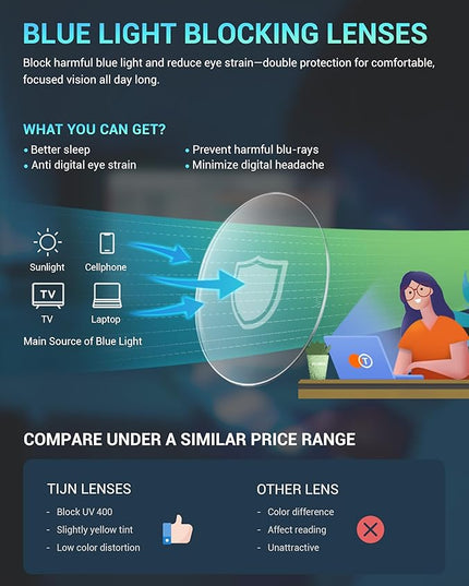 TIJN Blue Light Blocking Glasses for Women Men TR90 Frame Square Nerd Eyeglasses Anti Blue Ray Computer Screen Glasses