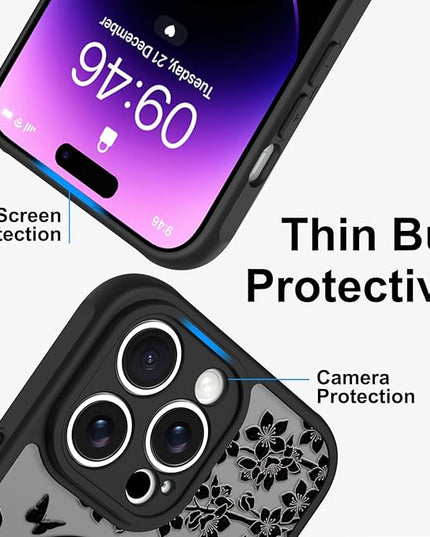 Cute Case for iPhone 14 Pro Max Case with Stand [ Compatible with MagSafe ] Kawaii Black Cat & Floral & Butterflies Pattern Design 360 Magnetic Ring Kickstand Phone Cover for Women Girls Boys