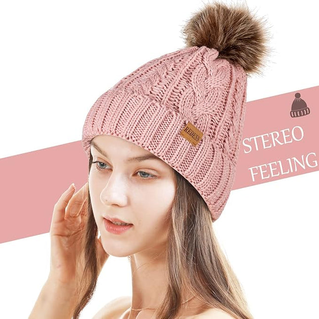 REDESS Women Winter Pompom Beanie Hat with Warm Fleece Lined, Thick Slouchy Snow Knit Skull Ski Cap
