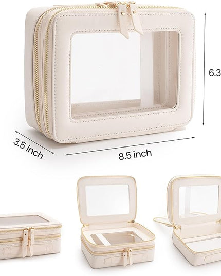 Aveniee Large Clear Makeup Bags, Double Layer Cosmetic Bags with Separate Brush Compartment, Travel Toiletry Bag Cosmetic Train Case, Travel Accessories Organizer for Women(2 Layers, White)