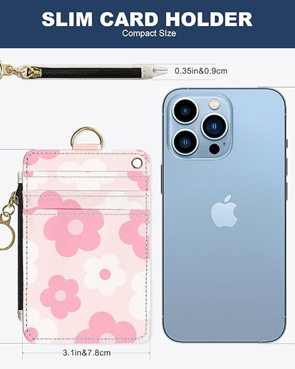 Slim Wallet Credit Card Holder, Pink Daisy, RFID Wallet Women Cute Small Front Pocket Wallet With Zipper, PU Leather Thin travel RFID Blocking Card Case ID Window,Ladies Gifts