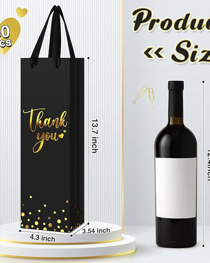 Ctosree 30 Pcs Wine Bottle Gift Bag with Handle 4.3x3.5x13.7 Liquor Paper Bag for Thank You Favor Gold Foil Kraft Whiskey Tote Carrier for Wedding Birthday Bridal Valentine's day Party(Black)