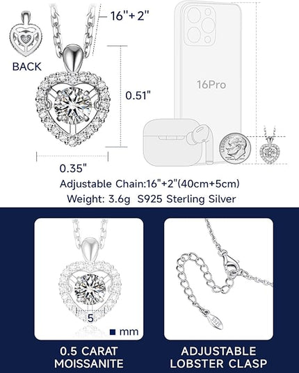 MomentWish Necklace for Women, Sparkling Gift for Her, 1Carat Moissanite Heart Pendent for Her, 925 Sterling Silver Dance Necklace for Anniversary Christmas Valentines