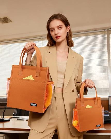 Fmeida Insulated Lunch Bag Women, 9L Large Lunch Bags with Multiple Pockets, Reusable Thermal Cooler Tote for Work, Office, Picnic, Travel | Hook and Loop Closure, Orange