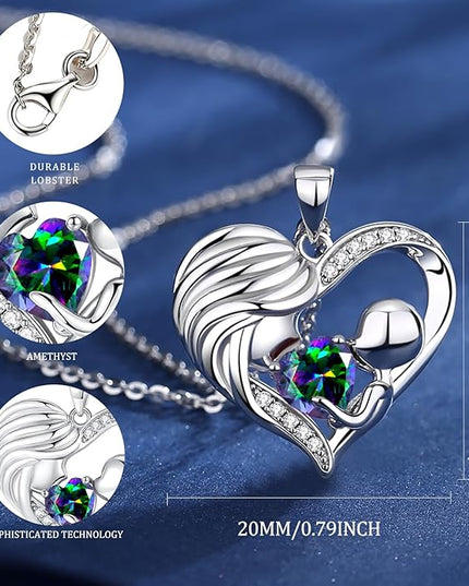 FANCIME Mom Birthstone Necklace Mother and Child Love Heart Necklace I Love You Mom Gifts Mothers Day Birthstone Jewelry Gifts for Grandmother Women Wife, 16"+2" Inches