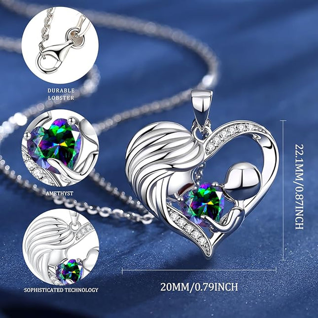 FANCIME Mom Birthstone Necklace Mother and Child Love Heart Necklace I Love You Mom Gifts Mothers Day Birthstone Jewelry Gifts for Grandmother Women Wife, 16"+2" Inches